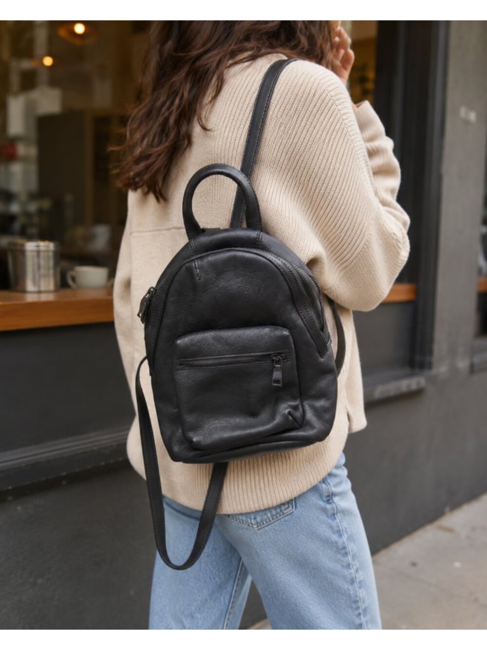 Backpack Firenze Pebbled Leather Adjustable Strap BackBag Purse Black Italy